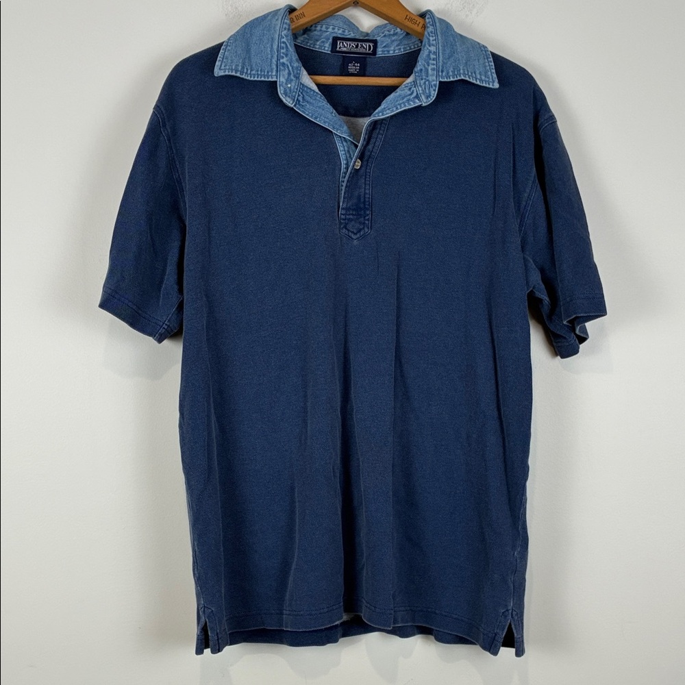 Vintage Lands’ End Navy Polo Men’s Large Light Denim Collar 90s Preppy